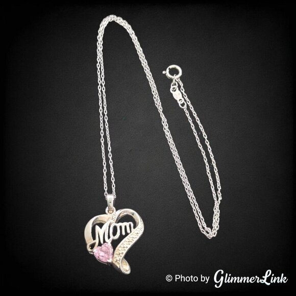 Dainty Pink CZ Mom Heart October Birthstone 925 Sterling Silver Pendant Necklace - Picture 1 of 14